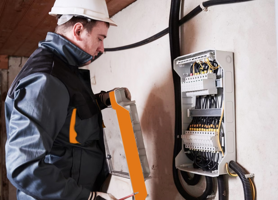 Electrician inspecting a residential electrical panel
